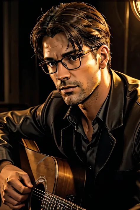 distant view, an elegant and handsome man with gray glasses serenading with an acoustic guitar, sitting and singing,beautiful de...