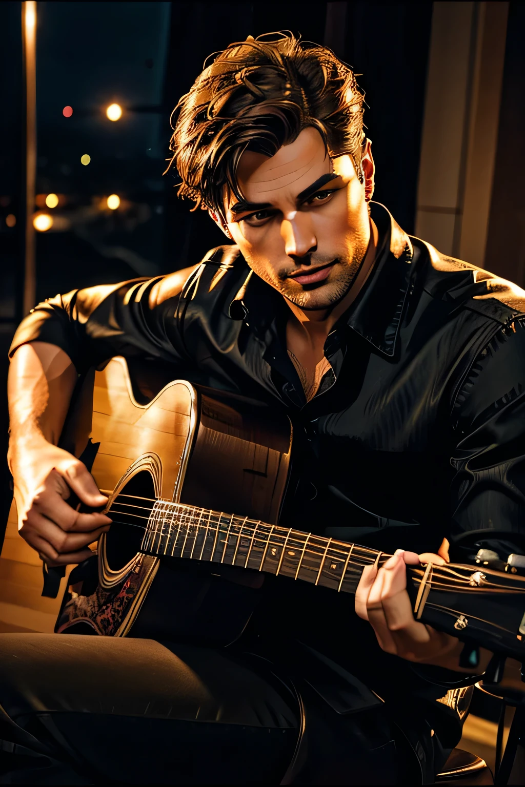 distant view, an elegant and handsome man serenading with an acoustic guitar, sitting and singing,beautiful detailed eyes,beautiful detailed lips,extremely detailed eyes and face,longeyelashes,realistic,photorealistic,photo-realistic:1.37,best quality,4k,8k,highres,masterpiece:1.2,ultra-detailed,portrait,dramatic lighting,warm color tones,glowing lights,cinematic