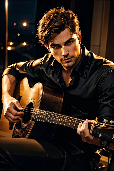 distant view, an elegant and handsome man serenading with an acoustic guitar, sitting and singing,beautiful detailed eyes,beauti...