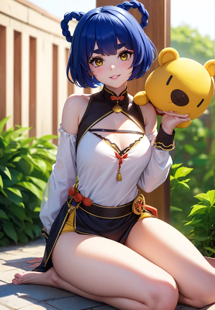 Masterpiece, Best Quality, 1 girl, looking at the viewer, sitting, White background, Xiangling (Genshin Impact), blue hair, short hair, plush toy, sideways, barefoot, hair ornament, breasts, Stuffed animal, alone, parted lips, fringe, bare shoulders, yellow eyes, shirt, looking to the side, Wariza, shirt blanca, breasts pequeños, Fork, bare shoulders, holding up, thick eyebrows, bare legs, fringe romo, SMILE, Teddy bear, long sleeves, Brown eyes, open clothing, braid, Alternative costume, outdated, camialone, tight