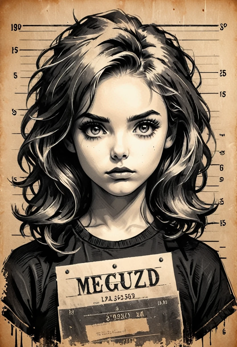 A girl in a mugshot, sketch, black and white, detailed features, cute, vintage style, high contrast lighting, expressive eyes, tousled hair. (best quality, highres, realistic:1.37), vintage, monochrome, intense gaze, dramatic lighting, rugged background, distressed paper texture, retro vibes, id photo, front view