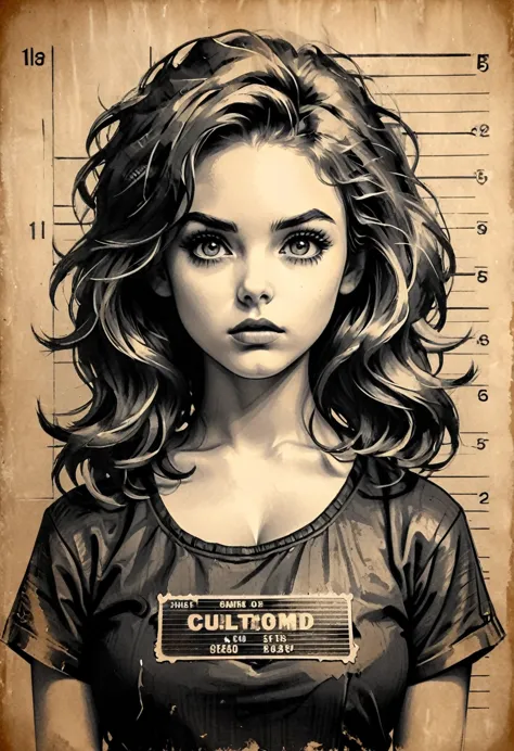 A girl in a mugshot, sketch, black and white, detailed features, cute, vintage style, high contrast lighting, expressive eyes, t...