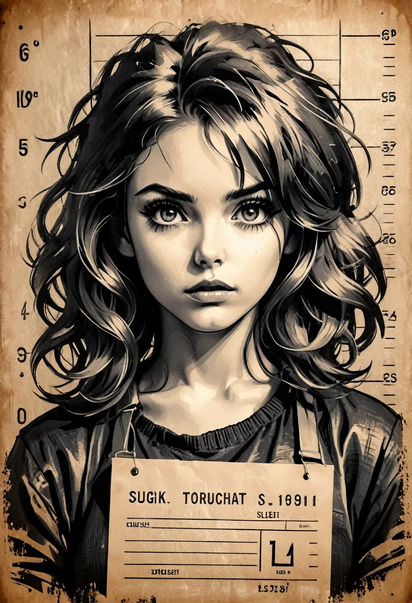 A girl in a mugshot, sketch, black and white, detailed features, cute, vintage style, high contrast lighting, expressive eyes, tousled hair. (best quality, highres, realistic:1.37), vintage, monochrome, intense gaze, dramatic lighting, rugged background, distressed paper texture, retro vibes, id photo, front view