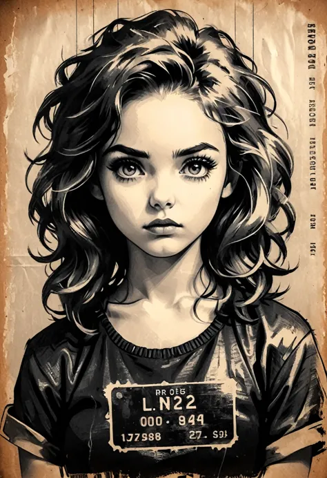 A girl in a mugshot, sketch, black and white, detailed features, cute, vintage style, high contrast lighting, expressive eyes, t...