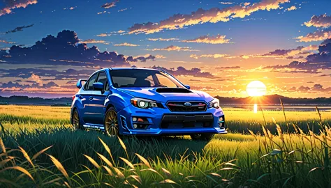 Subaru　GDB type　Impreza　STI　but、Anime scenery of a girl sitting in tall grass with a sunset in the background.Beautiful anime sc...