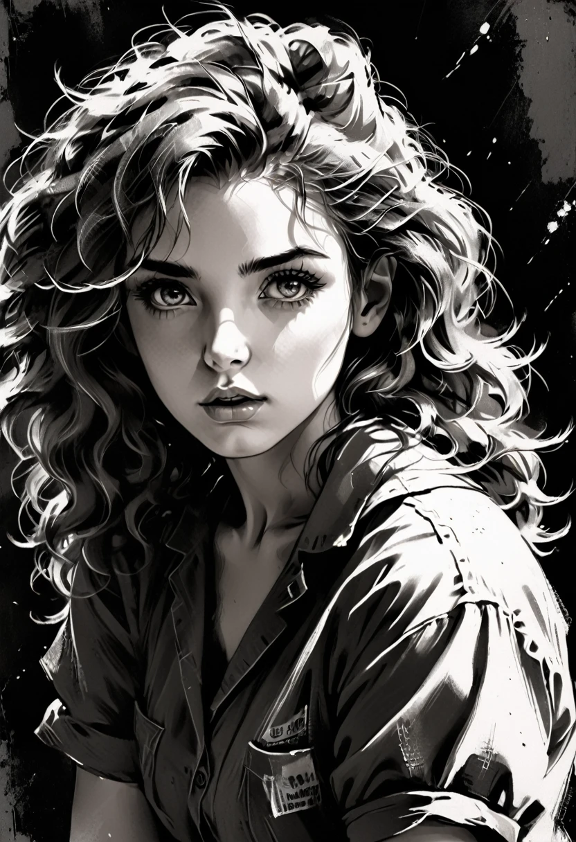 A girl in a situation, sketch, black and white, detailed features, cute, vintage style, high contrast lighting, expressive eyes, tousled hair. (best quality, high res, realistic:1.37), vintage, monochrome, intense gaze, dramatic lighting, rugged background, distressed paper texture, retro vibes, id photo, front view