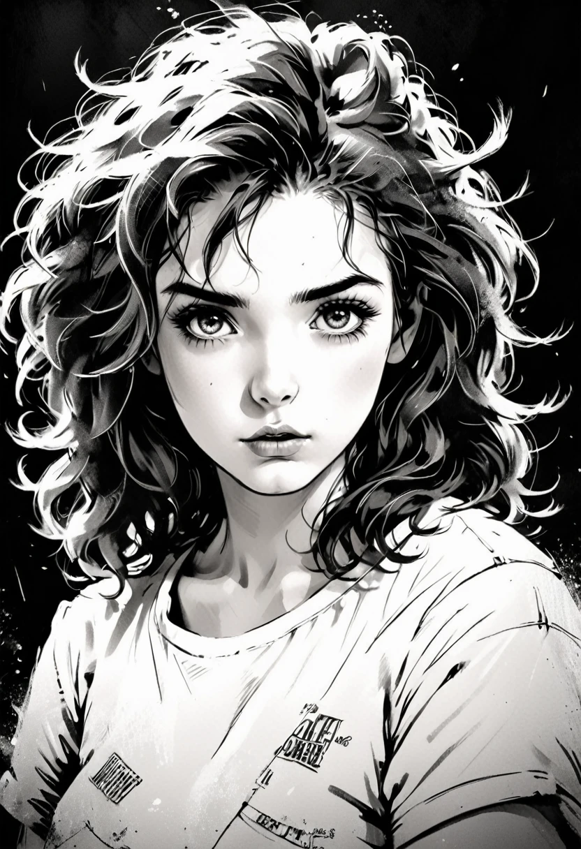 A girl in a situation, sketch, black and white, detailed features, cute, vintage style, high contrast lighting, expressive eyes, tousled hair. (best quality, high res, realistic:1.37), vintage, monochrome, intense gaze, dramatic lighting, rugged background, distressed paper texture, retro vibes, id photo, front view