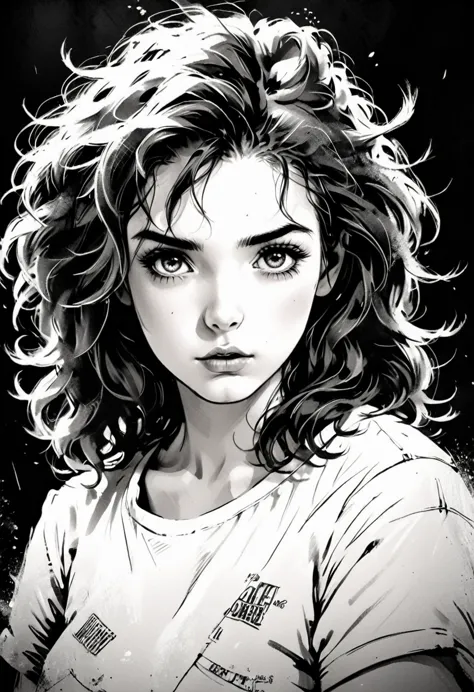 A girl in a situation, sketch, black and white, detailed features, cute, vintage style, high contrast lighting, expressive eyes,...