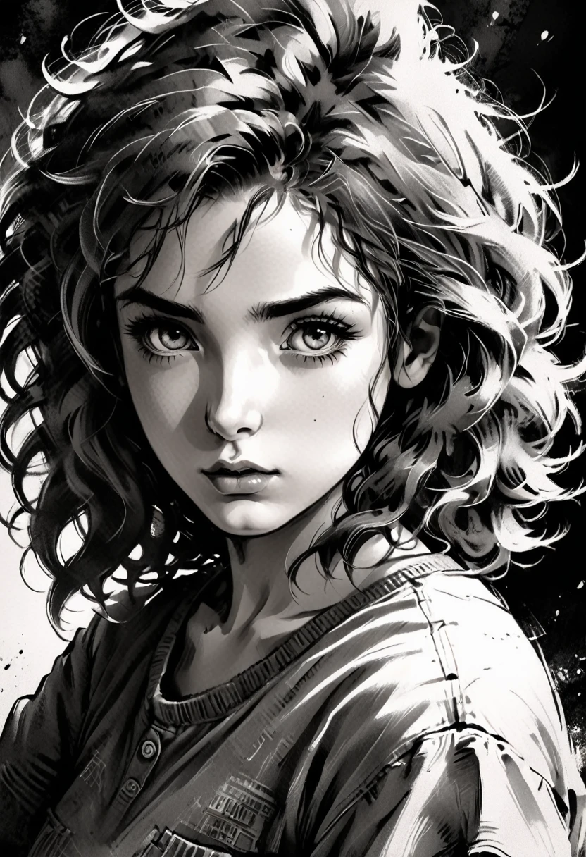 A girl in a situation, sketch, black and white, detailed features, cute, vintage style, high contrast lighting, expressive eyes, tousled hair. (best quality, high res, realistic:1.37), vintage, monochrome, intense gaze, dramatic lighting, rugged background, distressed paper texture, retro vibes, id photo, front view