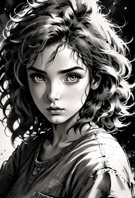 A girl in a situation, sketch, black and white, detailed features, cute, vintage style, high contrast lighting, expressive eyes,...