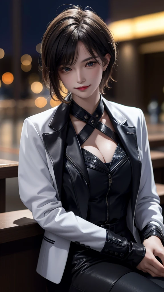 portrait photo of elexissinclaire wearing esjacket at a nightclub sitting at bar, wicked smile, (masterpiece) (best quality) (detailed) (8k) (HDR) (wallpaper) (cinematic lighting) (sharp focus) (intricate)