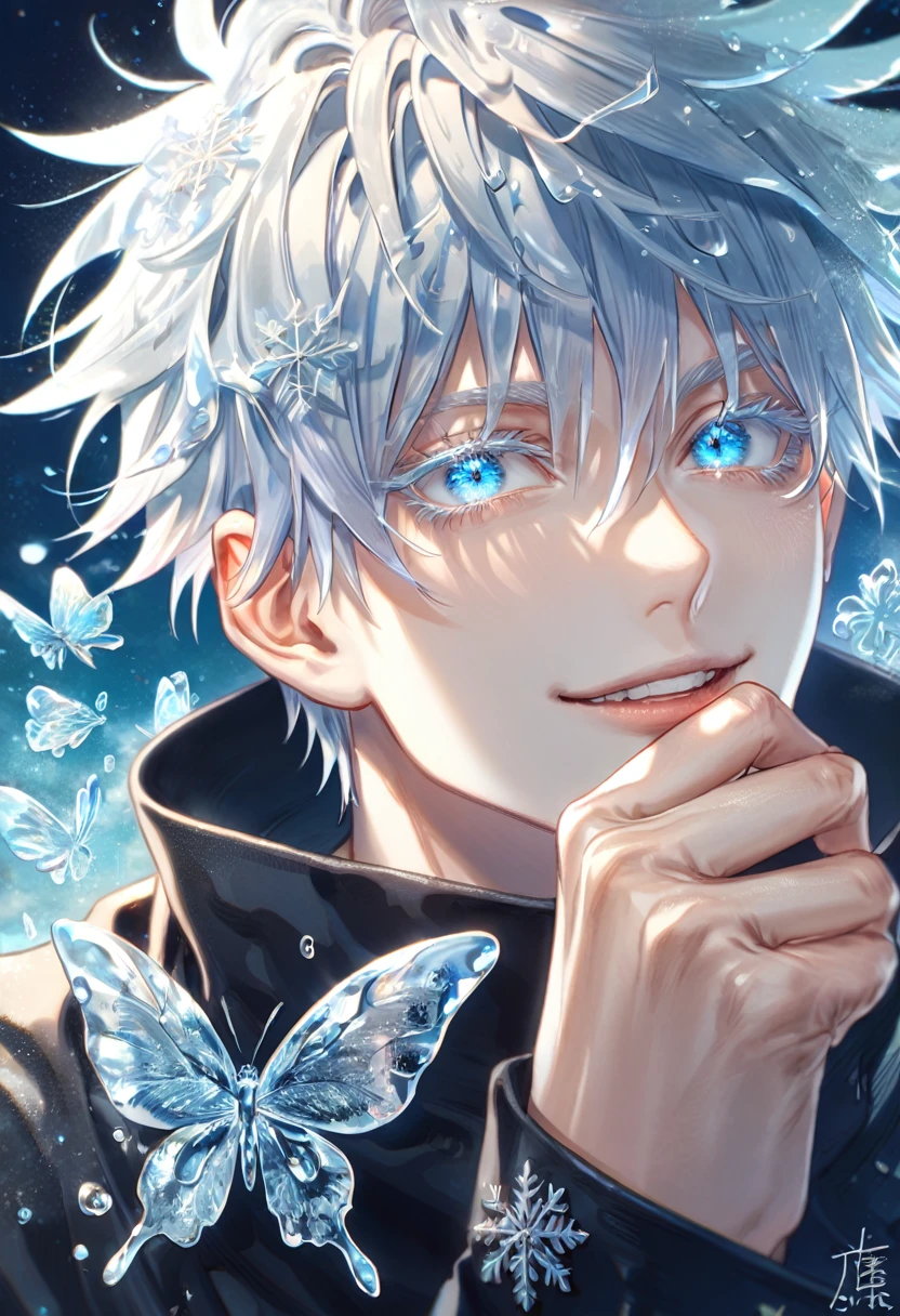 absurdres, highres, ultra detailed, HDR, master piece, best quality, extremely detailed face, delicated features, Gojou Satoru, white hair, with bangs, expressive blue eyes, white eyelashes, Jujutsu Kaisen, sexy man, solo, handsome, smiling, black coat, fantasy, magical, ice, ice butterflies, snowflakes, starry night, ice style