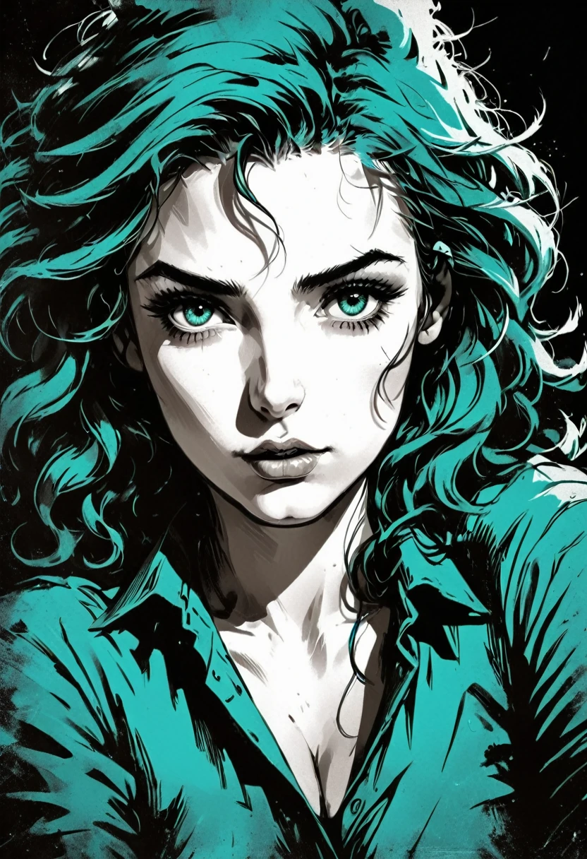 A woman in a situation?, sketch, amber to teal color palette, detailed features, cute, vintage style, high contrast lighting, expressive eyes, tousled hair. (best quality, high res, realistic:1.37), vintage, monochrome, intense gaze, dramatic lighting, rugged background, distressed paper texture, retro vibes, id photo, front view