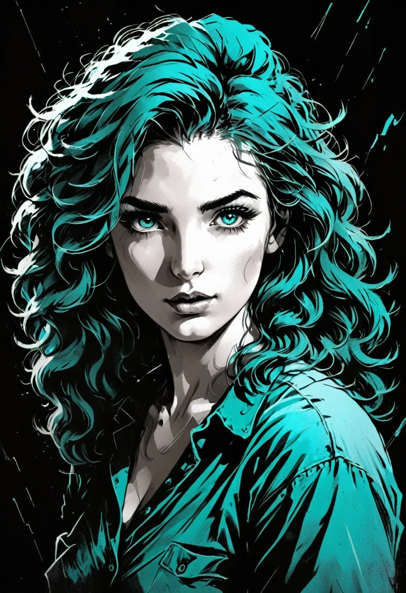 Une femme en situation?, esquisser, palette de couleurs ambre à turquoise, Fonctionnalités détaillées, Mignon, ancien style, éclairage à contraste élevé, YEUX EXPRESSIFS, Cheveux ébouriffés. (Meilleure qualité, haute résolution, Réaliste:1.37), ancien, Monochromes, regard intense, Éclairage dramatique, fond accidenté, texture du papier en détresse, ambiance rétro, Photo d&#39;identité, vue de face