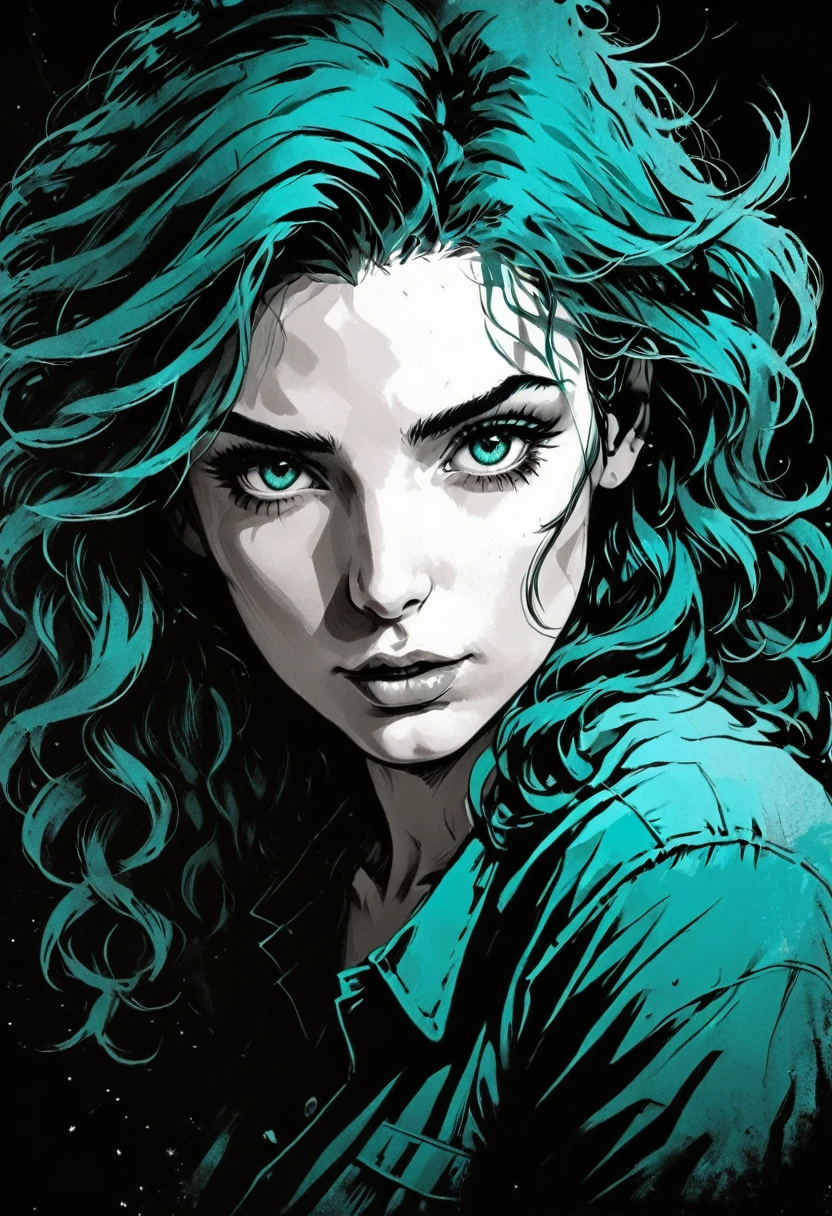 A woman in a situation?, sketch, amber to teal color palette, detailed features, cute, vintage style, high contrast lighting, expressive eyes, tousled hair. (best quality, high res, realistic:1.37), vintage, monochrome, intense gaze, dramatic lighting, rugged background, distressed paper texture, retro vibes, id photo, front view