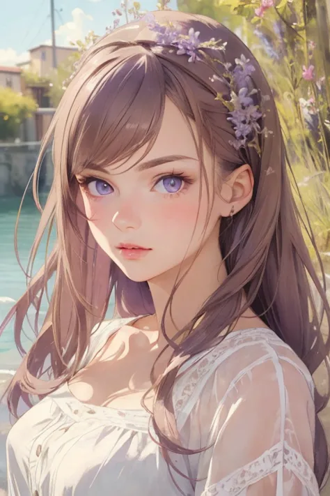 ((best quality)), ((masterpiece)), (detailed), realistic perfect face a cute 18 years old girl realistic lilac eyes, long colour...