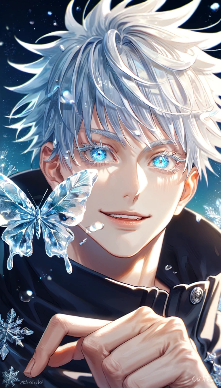 absurdres, highres, ultra detailed, HDR, master piece, best quality, extremely detailed face, delicated features, Gojou Satoru, white hair, with bangs, expressive blue eyes, white eyelashes, Jujutsu Kaisen, sexy man, solo, handsome, smiling, black coat, fantasy, magical, ice, ice butterflies, snowflakes, starry night, ice style