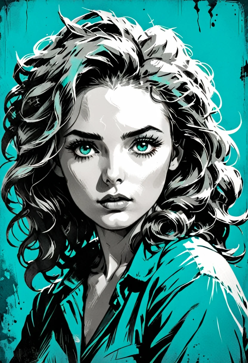 A woman in a situation?, sketch, amber to teal color palette, detailed features, cute, vintage style, high contrast lighting, expressive eyes, tousled hair. (best quality, high res, realistic:1.37), vintage, monochrome, intense gaze, dramatic lighting, rugged background, distressed paper texture, retro vibes, id photo, front view