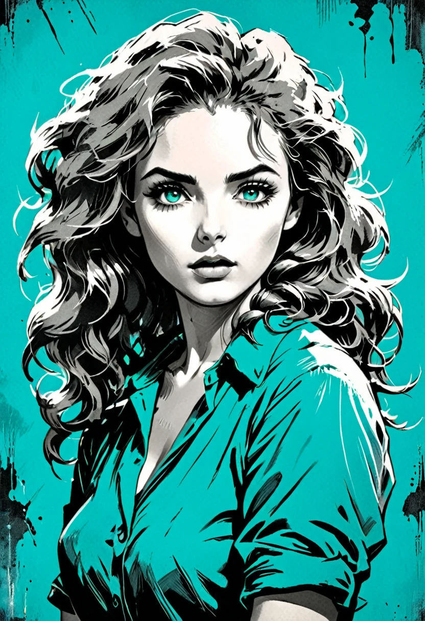 Une femme en situation?, esquisser, palette de couleurs ambre à turquoise, Fonctionnalités détaillées, Mignon, ancien style, éclairage à contraste élevé, YEUX EXPRESSIFS, Cheveux ébouriffés. (Meilleure qualité, haute résolution, Réaliste:1.37), ancien, Monochromes, regard intense, Éclairage dramatique, fond accidenté, texture du papier en détresse, ambiance rétro, Photo d&#39;identité, vue de face