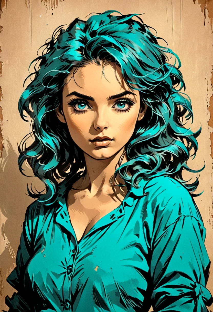 A woman in a situation?, sketch, amber to teal color palette, detailed features, cute, vintage style, high contrast lighting, expressive eyes, tousled hair. (best quality, high res, realistic:1.37), vintage, monochrome, intense gaze, dramatic lighting, rugged background, distressed paper texture, retro vibes, id photo, front view