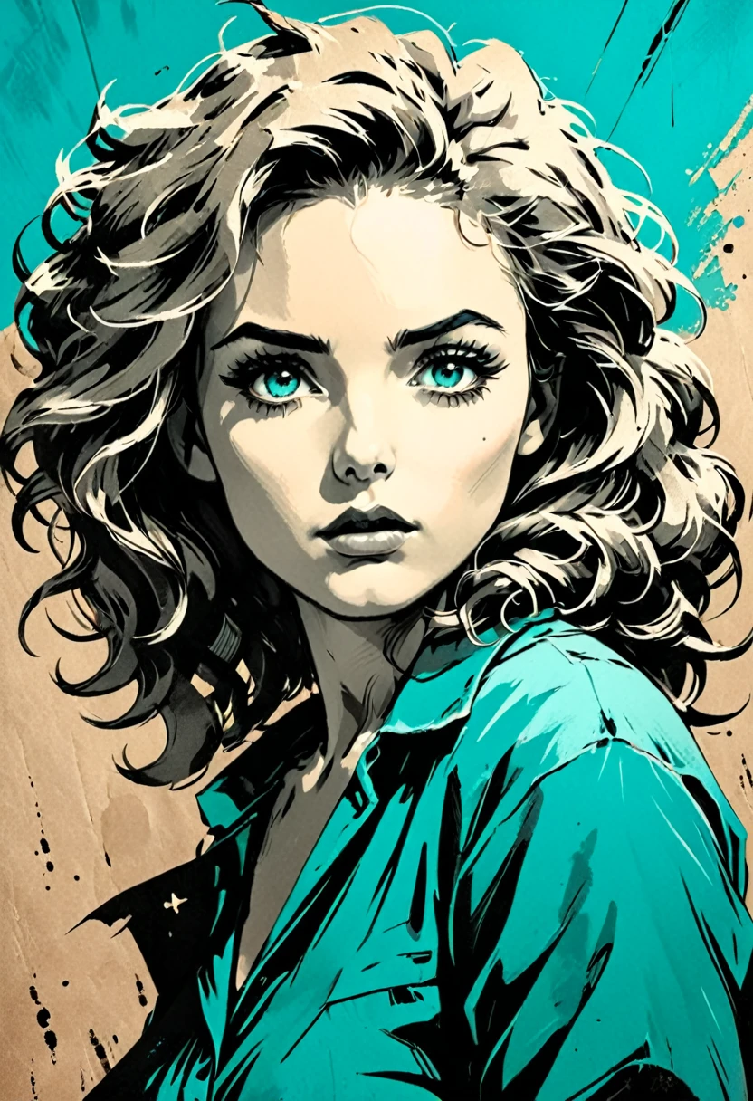 A woman in a situation?, sketch, amber to teal color palette, detailed features, cute, vintage style, high contrast lighting, expressive eyes, tousled hair. (best quality, high res, realistic:1.37), vintage, monochrome, intense gaze, dramatic lighting, rugged background, distressed paper texture, retro vibes, id photo, front view