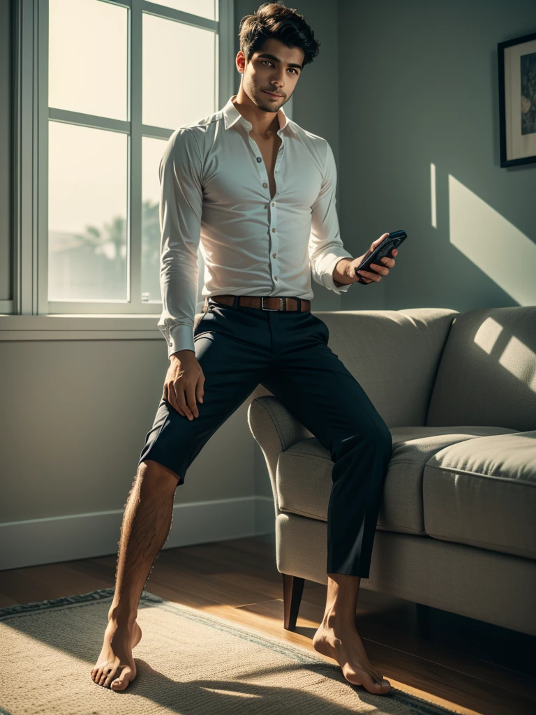 realistic image, 8K resolution, Realistic textures, natural lighting, detailed features and features, definition in feet, detailed and realistic feet. 2 Latin man, short hair, smiling. Wear formal clothes, barefoot. He is sitting on a sofa with his feet on a wooden table, He holds a cell phone in his hand and a remote control in the other.. Located in a minimalist room 