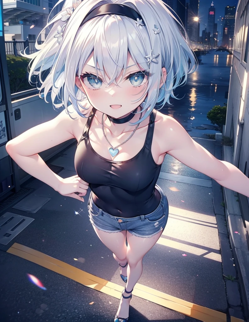 Sora Ginko, null　silver,short hair, Silver Hair, blue eyes, hair band,happy smile, smile, Open your mouth,Blue Tank Top,Heart Necklace,Skinny jeans,Stiletto heels,Daytime,Clear skies,Walking,whole bodyがイラストに入るように,　　　　　　　　　　　　　　　　　　break looking at viewer, whole body, 　　　　　　　　break outdoors, Building district, 　　　　　　　　　　　break (masterpiece:1.2), Highest quality, High resolution, unity 8k wallpaper, (shape:0.8), (Beautiful and beautiful eyes:1.6), Highly detailed face, Perfect lighting, Extremely detailed CG, (Perfect hands, Perfect Anatomy),ginkgo, blue eyes, Silver Hair, 