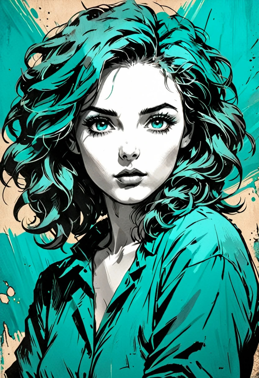 A woman in a situation?, sketch, amber to teal color palette, detailed features, cute, vintage style, high contrast lighting, expressive eyes, tousled hair. (best quality, high res, realistic:1.37), vintage, monochrome, intense gaze, dramatic lighting, rugged background, distressed paper texture, retro vibes, id photo, front view, Surround the woman with abstract art cliches, 