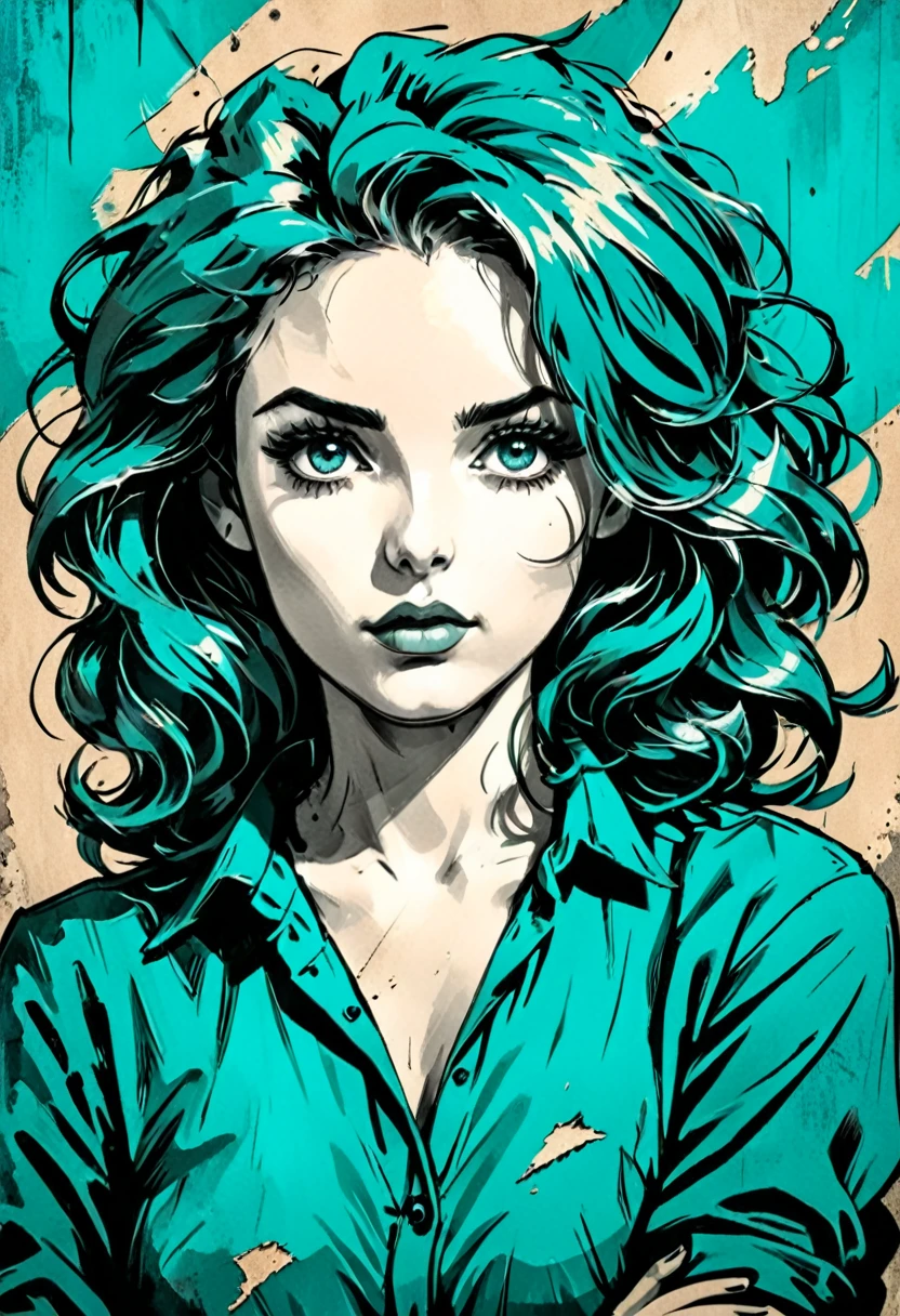 A woman in a situation?, sketch, amber to teal color palette, detailed features, cute, vintage style, high contrast lighting, expressive eyes, tousled hair. (best quality, high res, realistic:1.37), vintage, monochrome, intense gaze, dramatic lighting, rugged background, distressed paper texture, retro vibes, id photo, front view, Surround the woman with abstract art cliches, 