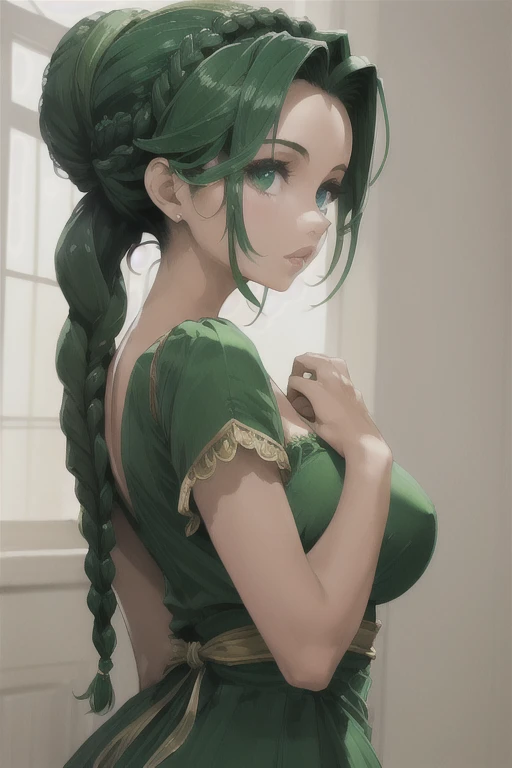 (masterpiece, best quality), 1girl, Emerald Green Braided Updo, Size G breasts,  