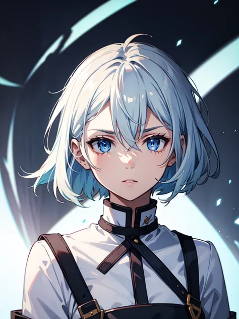 1 girl, white hair, sharp eyes, light blue eyes, bow, serious look, masterpiece, high quality, short hair, white combat uniform