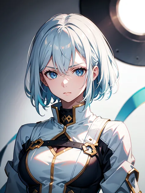 1 girl, white hair, sharp eyes, light blue eyes, bow, serious look, masterpiece, high quality, short hair, white combat uniform