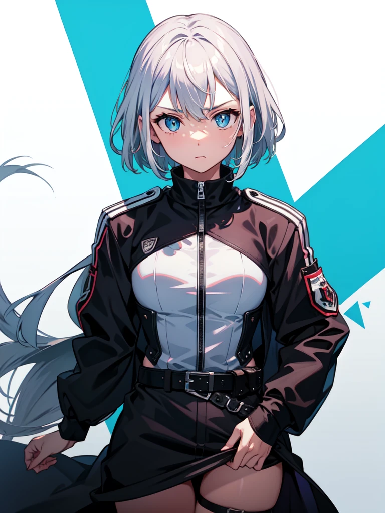 1 girl, white hair, sharp eyes, light blue eyes, bow, serious look, masterpiece, high quality, short hair, black uniform 