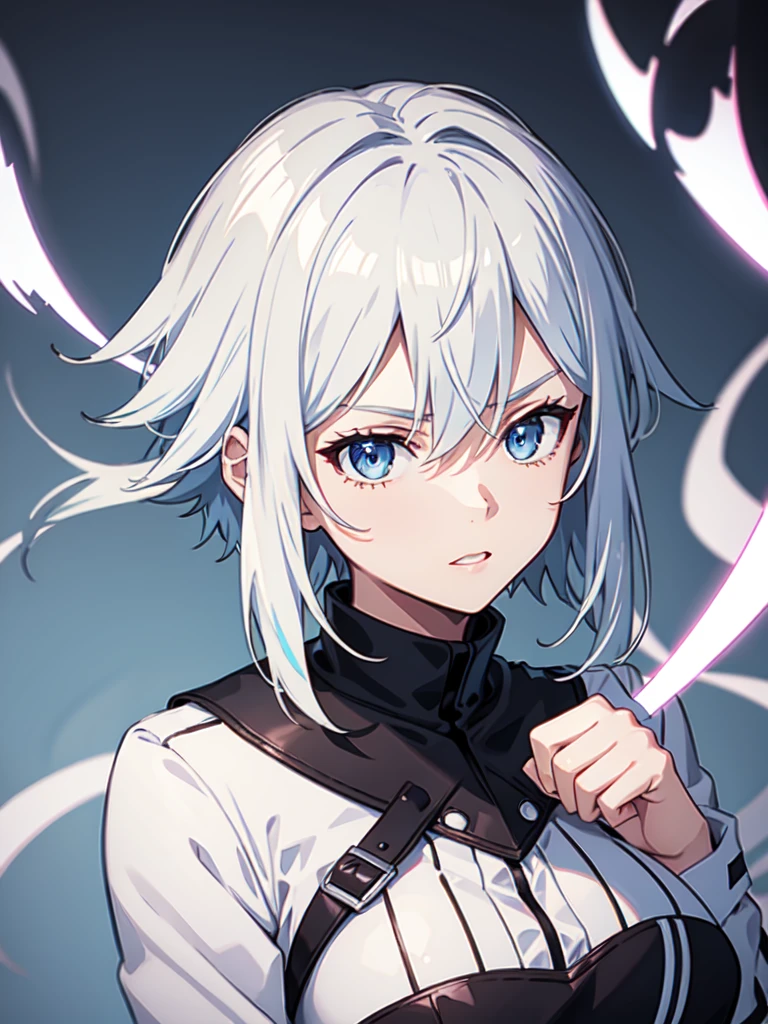 1 girl, white hair, sharp eyes, light blue eyes, bow, serious look, masterpiece, high quality, short hair, black uniform 