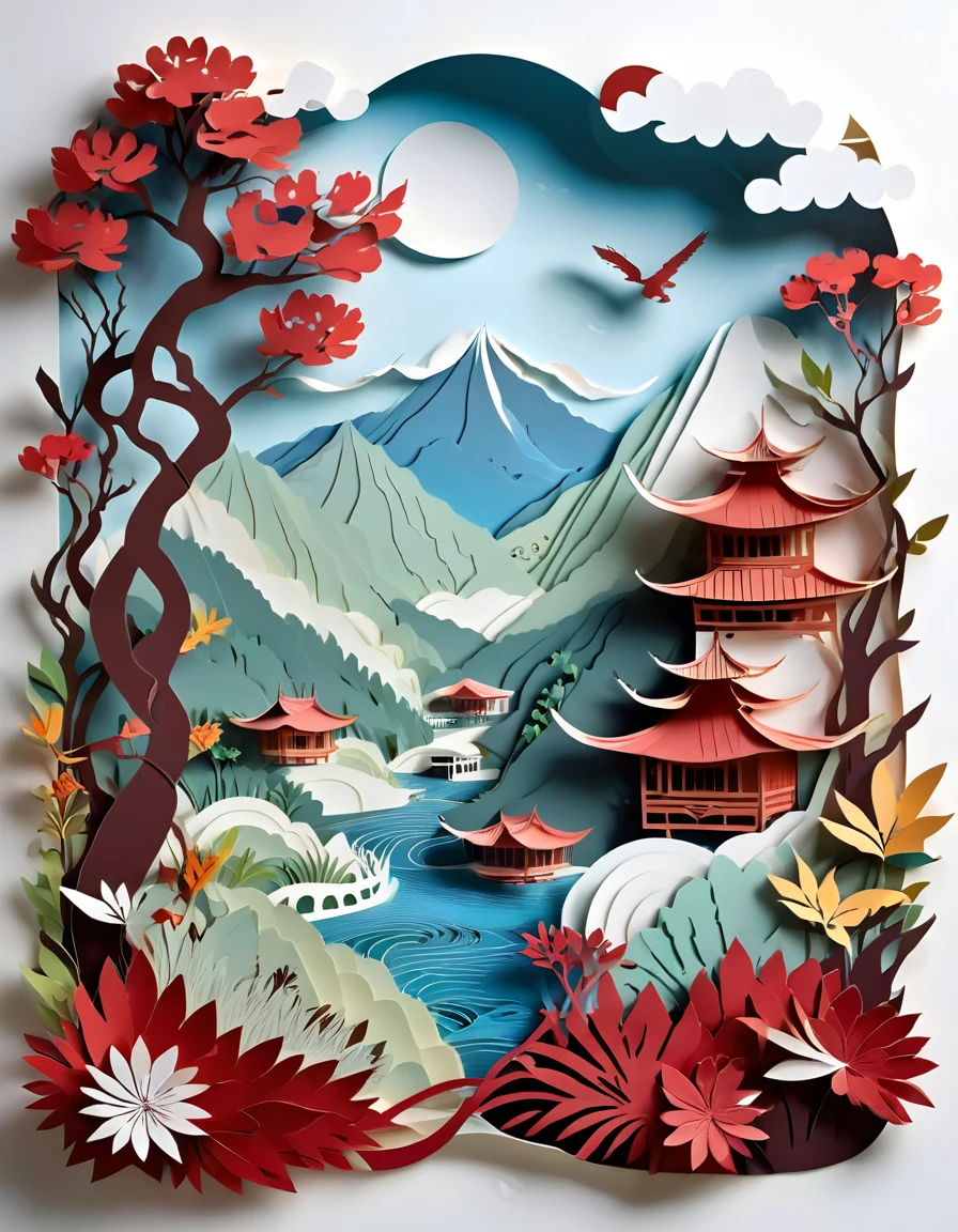 paper cuttings art, west papua shape land, map in paper cutout style, the honai (the traditional house of highlander), hills, coffee trees as a borders, (Flat paper cutout，paper art, layered paper artpaper quilling, digital art), Against a pure white background, vector illustration, papercut style, layers, high quality image, background, floral nature