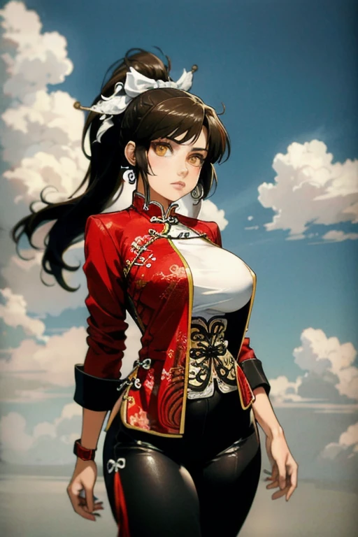 1girl, (solo:1.2), (cowboy shot:1.2), (looking at viewer:1.3),
femaleranma, braided ponytail, (chinese clothes:1.2), tangzhuang, black pants, (red chinese style jacket:1.3), curvy, large breasts, young female, (energetic:1.2)
BREAK ishikei, soft shading, anime aesthetic, shiny skin, clean lineart, detailed eyes, highly detailed shading
BREAK intricate details, (masterpiece:1.3), (best quality:1.3), (perfect anatomy:1.4) BREAK, (beautiful white clouds:1.3), puffy clouds, white sky