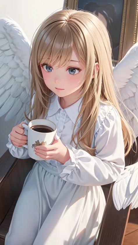painting of a  with a cup of coffee and angel wings, of an beautiful angel girl, beautiful angel, angel girl, of beautiful angel...