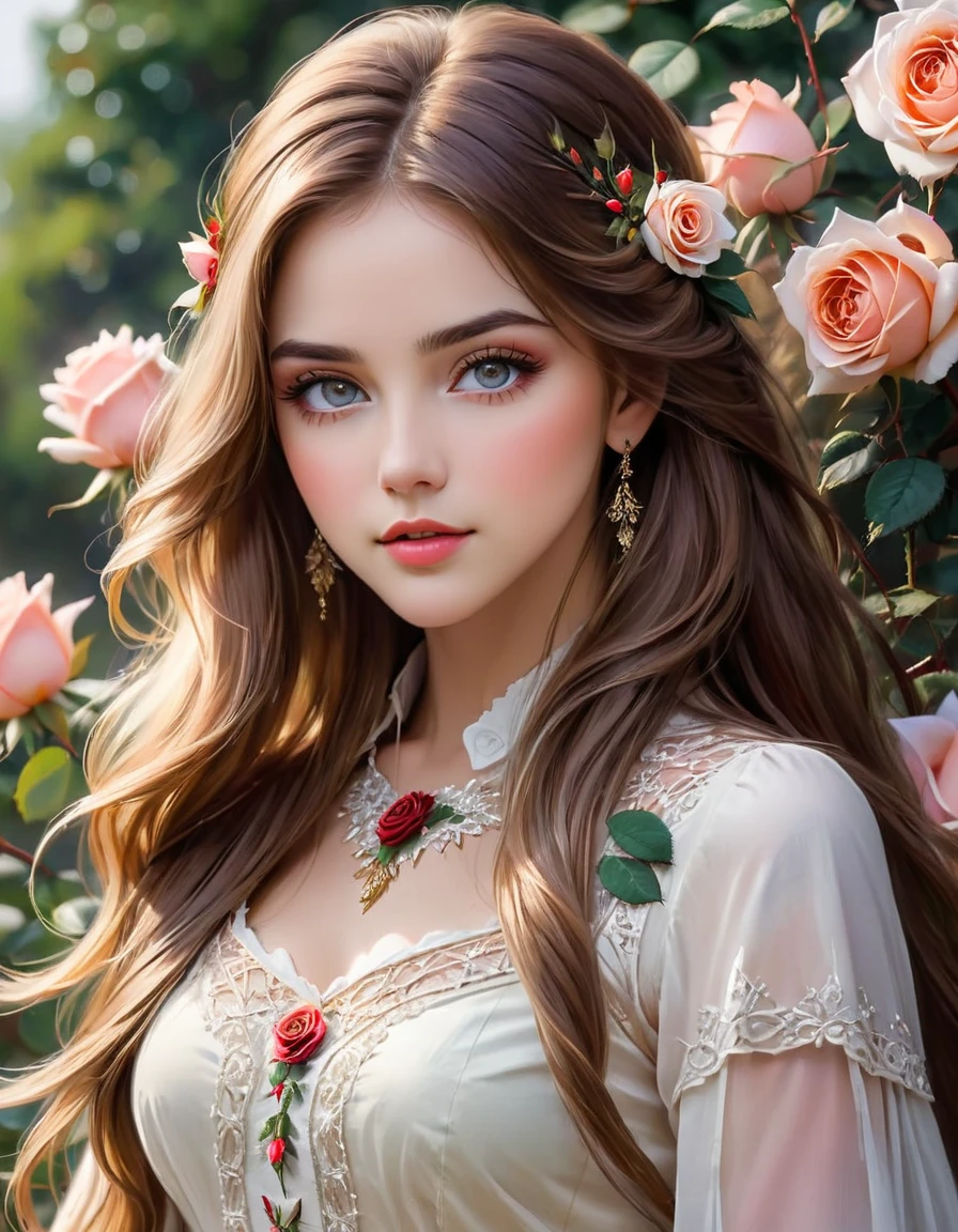 {({(rose themed:1.5)} beautiful girl, long hair, light colored eyes, delicate, calm demeanor, {beautifuly dressed with intricate thorn details}, ({watercolored styled} impressionist masterpiece:1.5), (best quality:1.5), ((UHD:1.5)), (detailed face, detailed eyes, detailed mouth, detailed body, detailed hands, detailed clothes, detailed background, detailed scenery:1.5), (aesthetic + beautiful + harmonic:1.5), ({symmetrical intricate thorns details + sharpen symmetrical thorns details}:1.5)