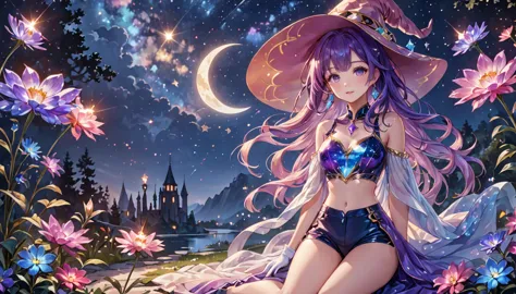 anime girl with purple hair and purple stockings, ((bare midriff,bare stomach,short shorts)),gloves anime fantasy illustration, ...