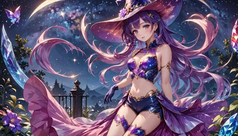 anime girl with purple hair and purple stockings, ((bare midriff,bare stomach,short shorts)),gloves anime fantasy illustration, ...