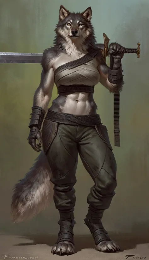 anthro female wolf resting large two handed sword over his shoulder, posing, solo, cocky expression, masterpiece, best art, full...