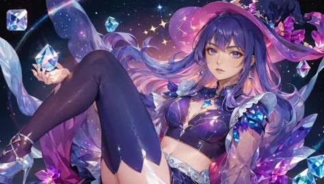 anime girl with purple hair and purple stockings, ((bare midriff,bare stomach,short shorts)),gloves anime fantasy illustration, ...