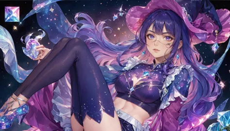 anime girl with purple hair and purple stockings, ((bare midriff,bare stomach,short shorts)),gloves anime fantasy illustration, ...