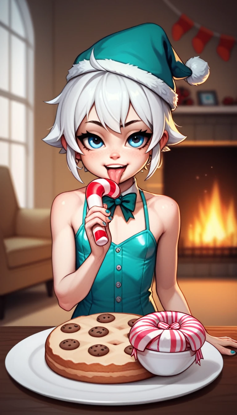 1girl, short stature, slender body, pale white skin, ((short white hair)), ice-blue eyes, rosy cheeks, slightly androgynous, small breasts, holiday hat, wearing ((clothes made of wrapping paper)), licking gigantic candy cane, youth, (fireplace), glass of milk, plate of cookies
