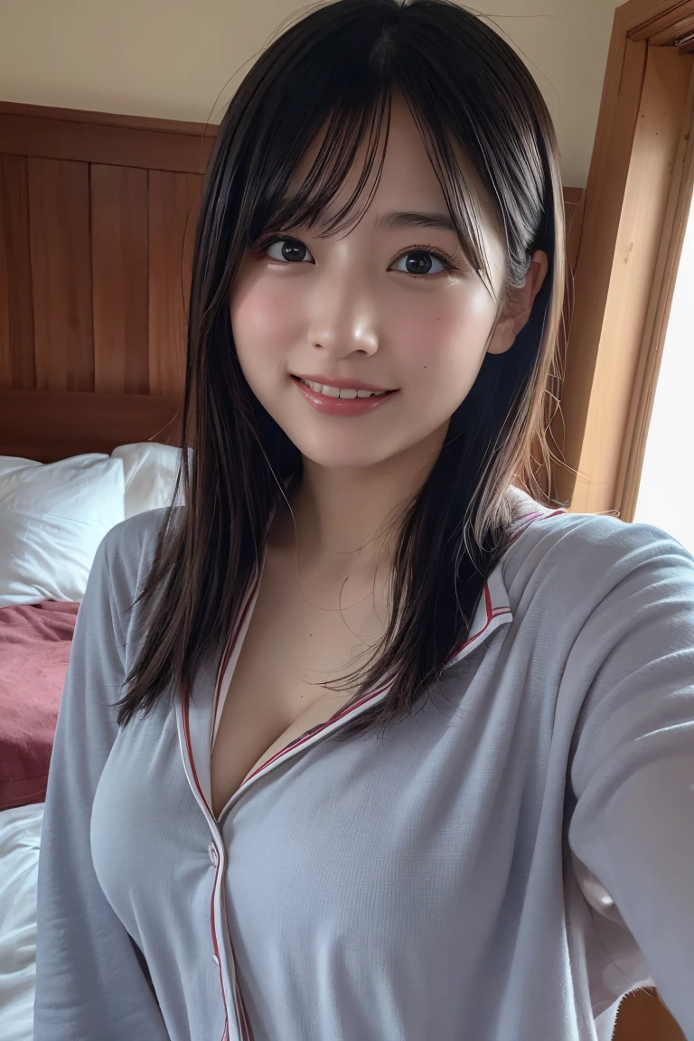 (8K, RAW Photos, Highest quality, High resolution: 1.1), (ultra Realistic: 1.4), (Realistic, Realistic: 1.3), The Beauty of Japan, pajamas, ((Upper Body: 1.3)) High resolution, Realistic image of a Japanese woman with short hair, She has big breasts and red cheeks, Look at that, smile She looks at it, smile, While taking a selfie. Her smartphone is close to her face. She appears to be live streaming from her home., Spread on the bed, With a blanket over my chest.Embarrassed face