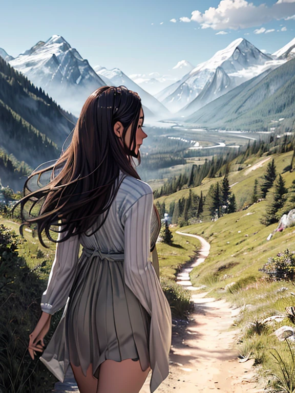 (Highest quality, masterpiece:1.2), Super detailed, Realistic:1.37, High resolution, Detailed Background, Majestic Mountain々Silhouette of a girl walking along a path stretching to the horizon, A person stretching in sunlight from a mountaintop, Beautiful scenery decorated with earth tones, A hopeful and inspiring atmosphere, A gentle and heartwarming portrayal, Delicate depiction of people and emphasis on landscapes.