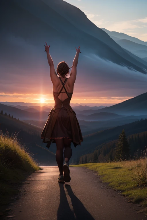 (Highest quality, masterpiece:1.2), Super detailed, Realistic:1.37, High resolution, Detailed Background, Majestic Mountain々Silhouette of a girl walking along a path stretching to the horizon, A person stretching in sunlight from a mountaintop, Beautiful scenery decorated with earth tones, A hopeful and inspiring atmosphere, A gentle and heartwarming portrayal, Delicate depiction of people and emphasis on landscapes.