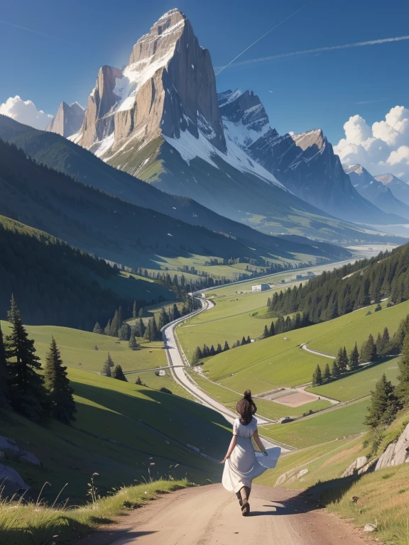 (Highest quality, masterpiece:1.2), Super detailed, Realistic:1.37, High resolution, Detailed Background, Majestic Mountain々Silhouette of a girl walking along a path stretching to the horizon, A person stretching in sunlight from a mountaintop, Beautiful scenery decorated with earth tones, A hopeful and inspiring atmosphere, A gentle and heartwarming portrayal, Delicate depiction of people and emphasis on landscapes.