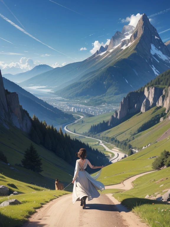 (Highest quality, masterpiece:1.2), Super detailed, Realistic:1.37, High resolution, Detailed Background, Majestic Mountain々Silhouette of a girl walking along a path stretching to the horizon, A person stretching in sunlight from a mountaintop, Beautiful scenery decorated with earth tones, A hopeful and inspiring atmosphere, A gentle and heartwarming portrayal, Delicate depiction of people and emphasis on landscapes.