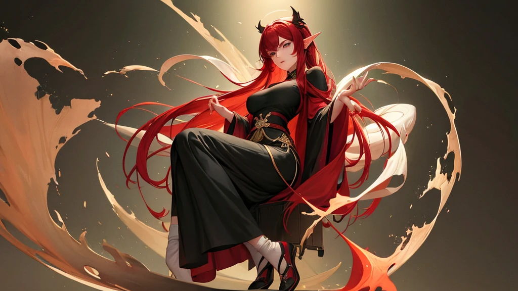 (red-crimson hair) elf ears, freckles, Adult woman, sculpted body, Super detailed hand, super detailed face, Hyper detailed body, (emerald green eyes), Big breasts, concentrated eyes, Quite detailed eyes, pale skin, Flushed face, (( in a long black Chinese dress)), Body hair longo, Body hair (connected), serious expression, Frowning eyes, partes do full body, Whole limbs, ((full body)), Gorgeous fur, A high resolution, 4K, Thin waist, small foot, role model, best quality specialist,  (long black sock), good lighting, simple background, darkness background